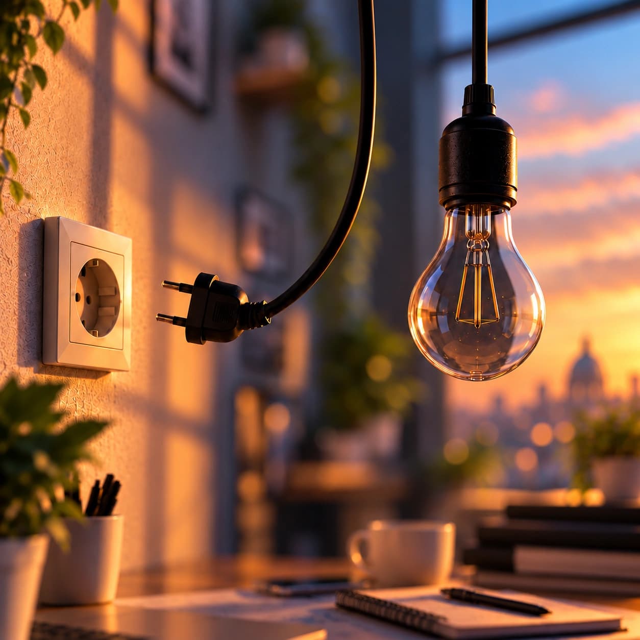Una lampadina e una spina accanto a una presa, in uno spazio di lavoro al tramonto